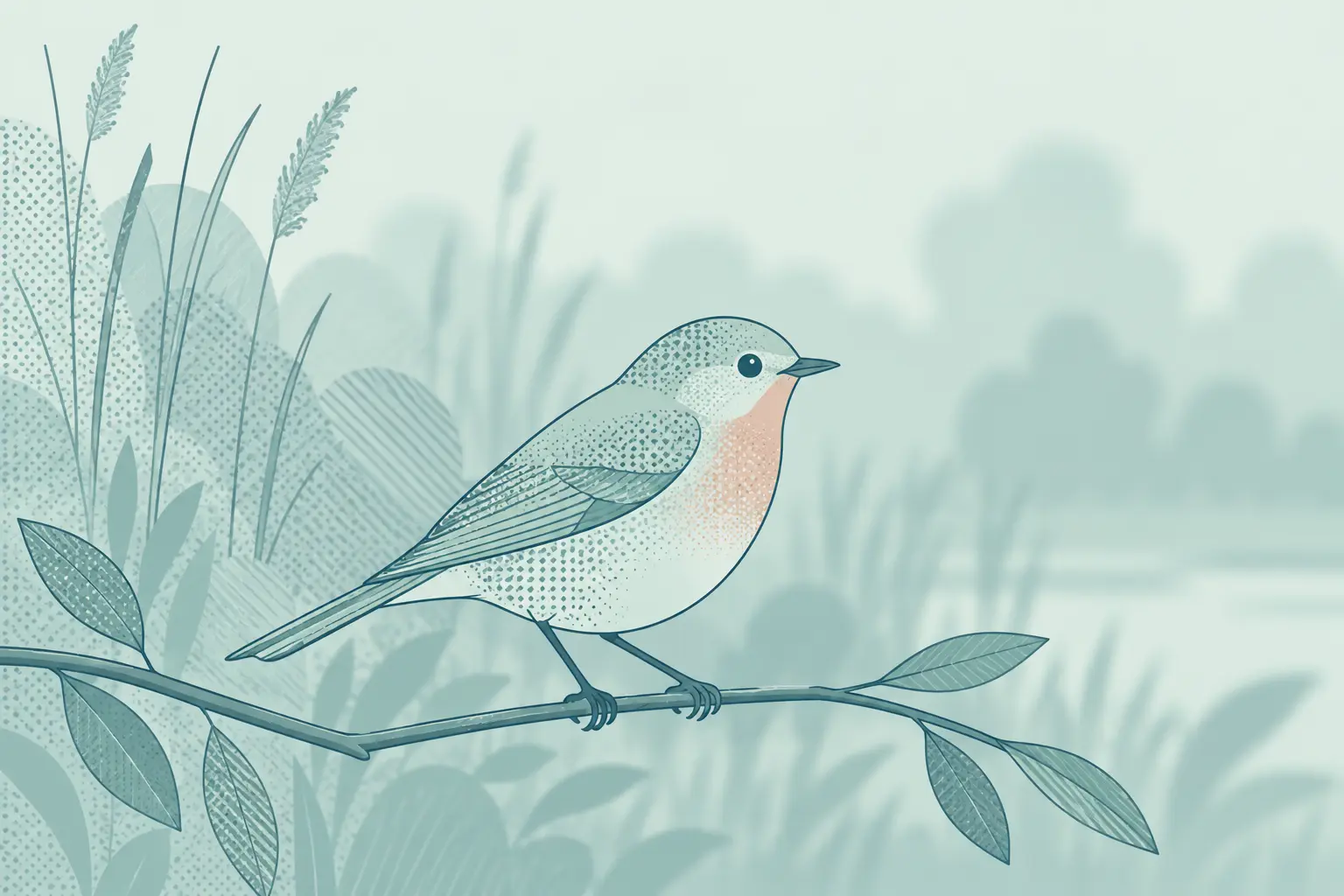 A sharply outlined bird and branch stand out against foliage that becomes softly blurred.
