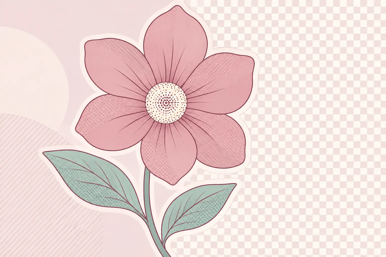 A rose colored flower remains intact as its surrounding background gives way to a transparency checkerboard.