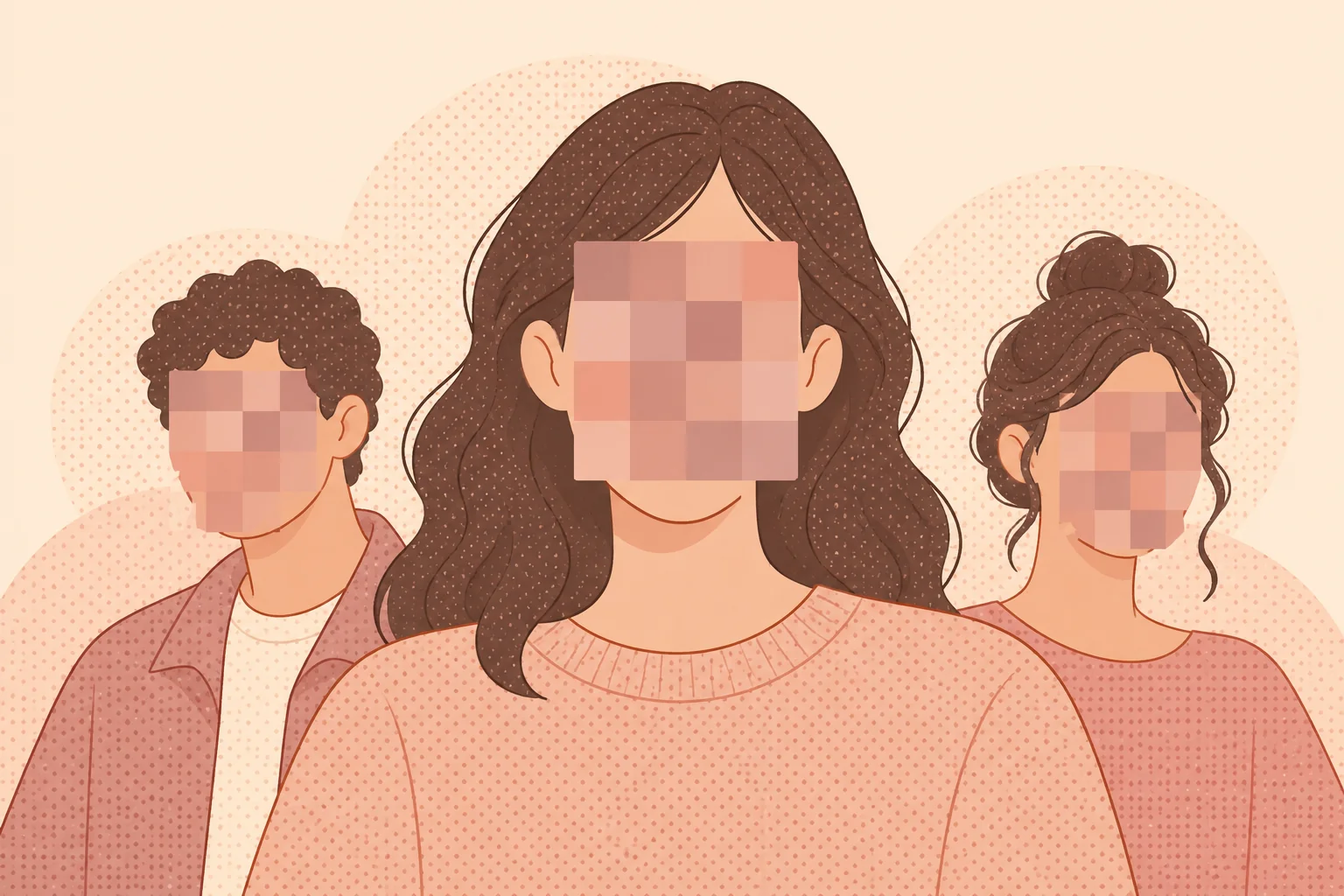 Editorial illustration of three portraits with mosaic patches concealing their faces.