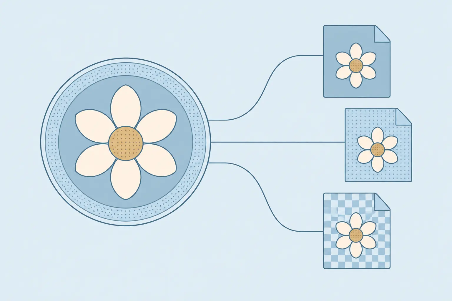 A floral image branches into three file shapes that preserve the same flower with different background treatments.