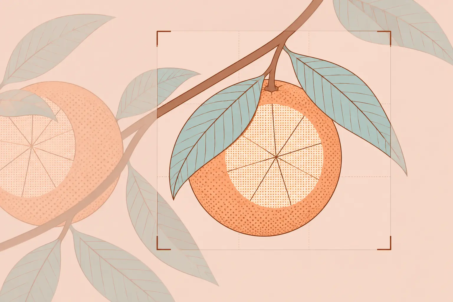A square crop frame selects one orange and nearby leaves from a larger citrus branch illustration.