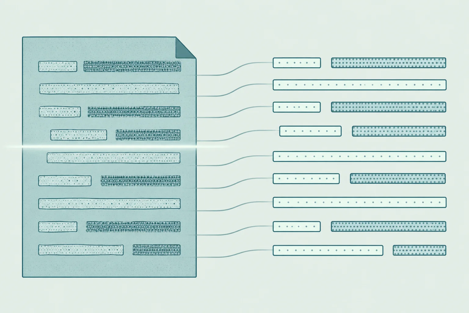 Editorial illustration of textured rows in a document becoming clean separated lines through text extraction.