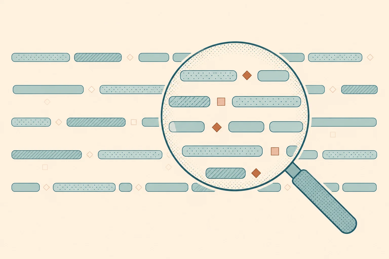 A magnifying glass reveals hidden marks between rows representing text.