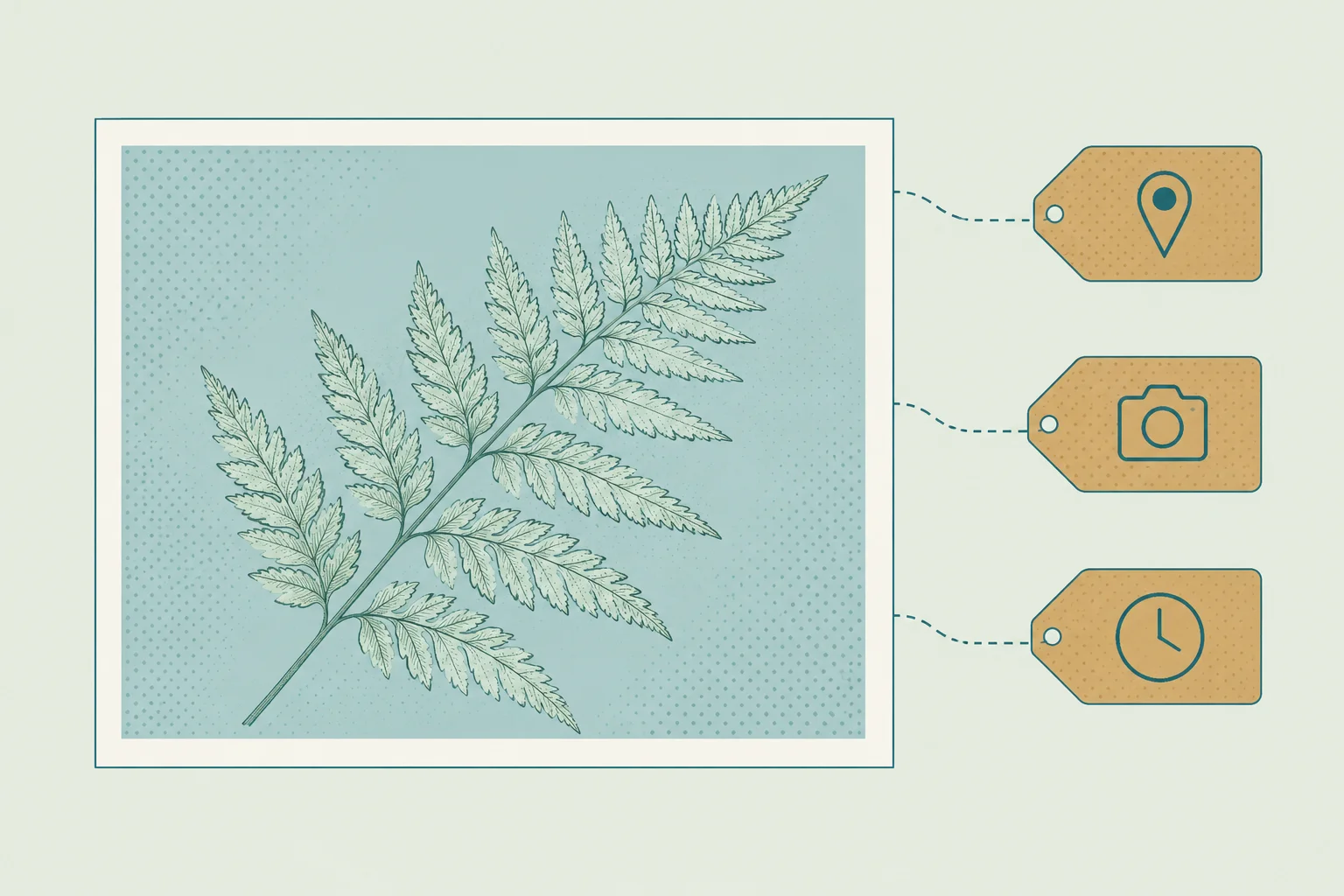 A fern print with separate location, camera and clock tags representing metadata stored alongside a photo.