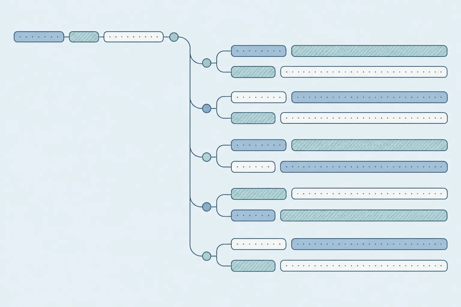 A compact ribbon of data tokens unfolds into an orderly branching hierarchy of indented rows.