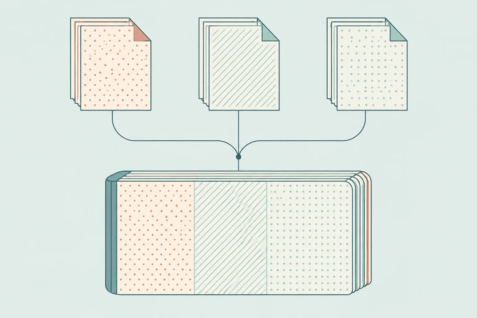 Three separate document bundles connect to one combined folio, retaining their distinct patterned page groups.