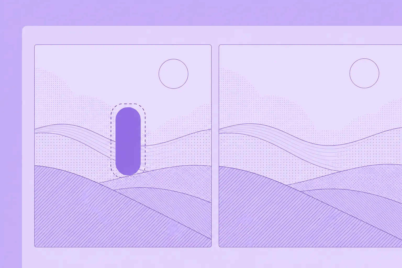 Purple before and after illustration: a selected object interrupts landscape lines on the left; on the right, the object is removed and the lines continue smoothly.