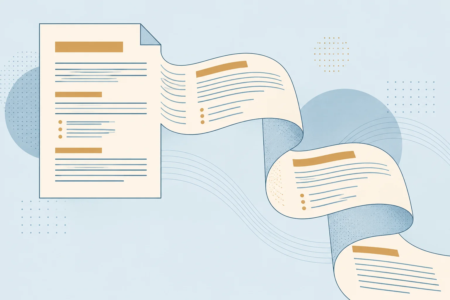 A document page unfolds into a ribbon of structured text, with matching heading, paragraph and list patterns.