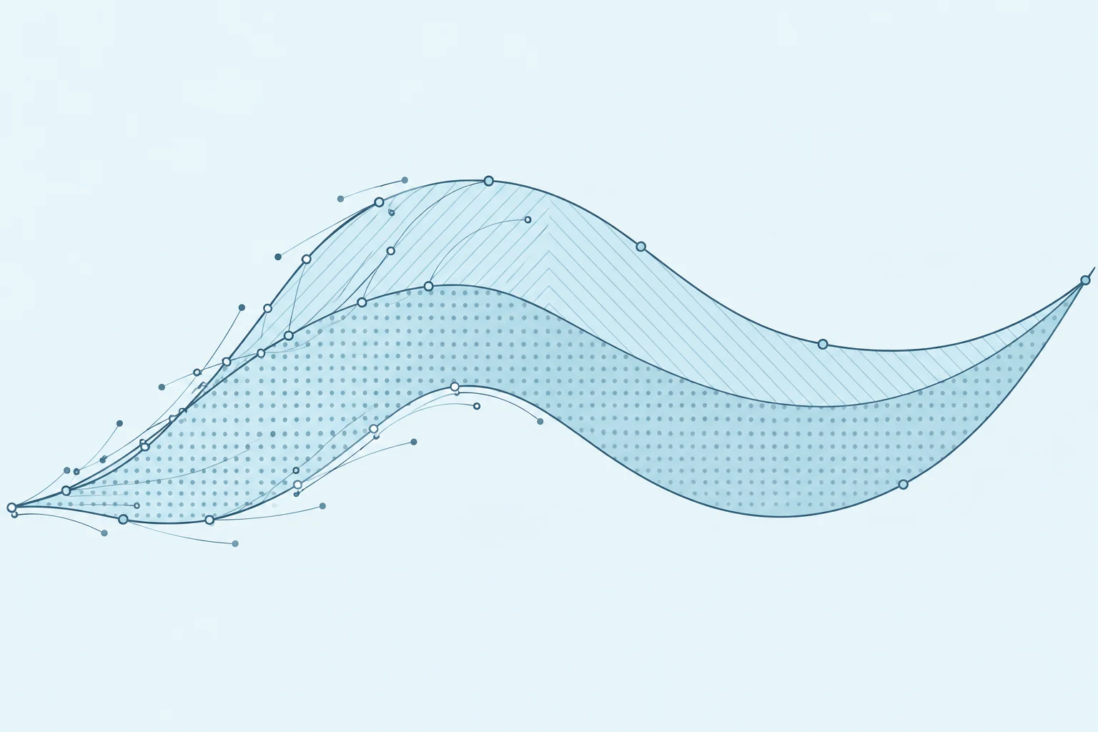 Conceptual vector curve with many construction points on the left and fewer points on the right, illustrating cleaner SVG markup.