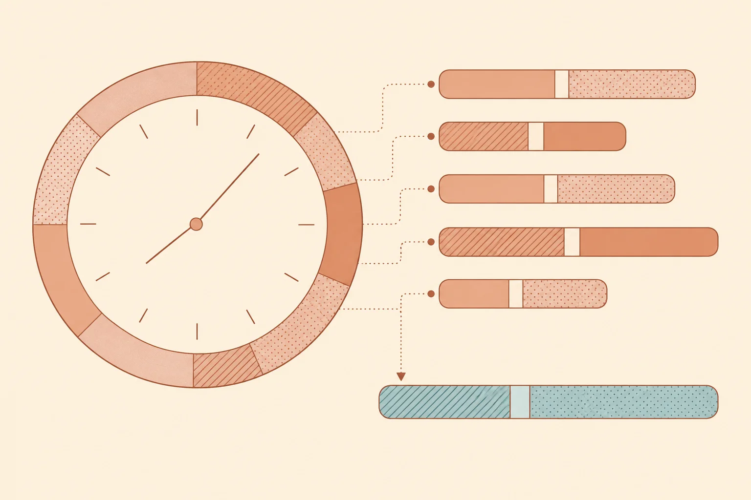 A segmented clock beside five shift timelines with gaps for unpaid breaks and a combined total bar.